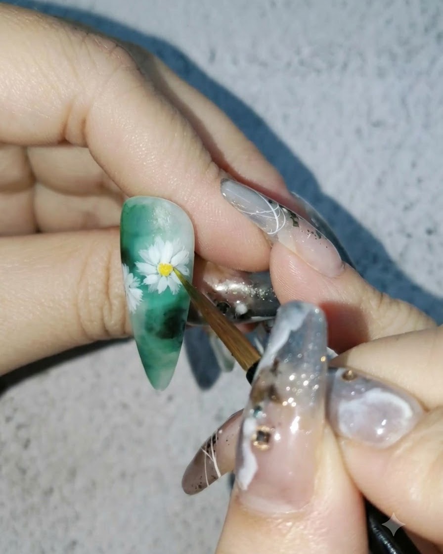 Un pincel fino agregando pintura de acuarela amarilla vibrante al centro de un diseño de margaritas blancas.