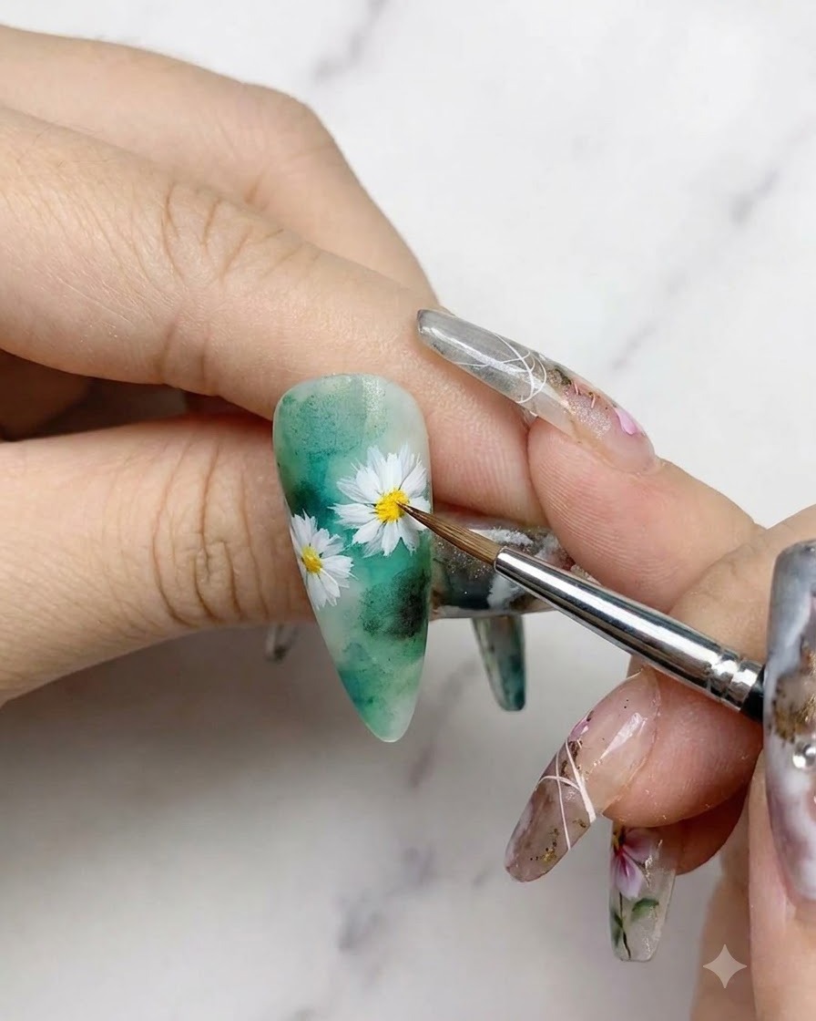 Un pincel fino de arte de uñas pintando delicadas hojas verdes y tallos junto a margaritas blancas sobre un fondo verde.
