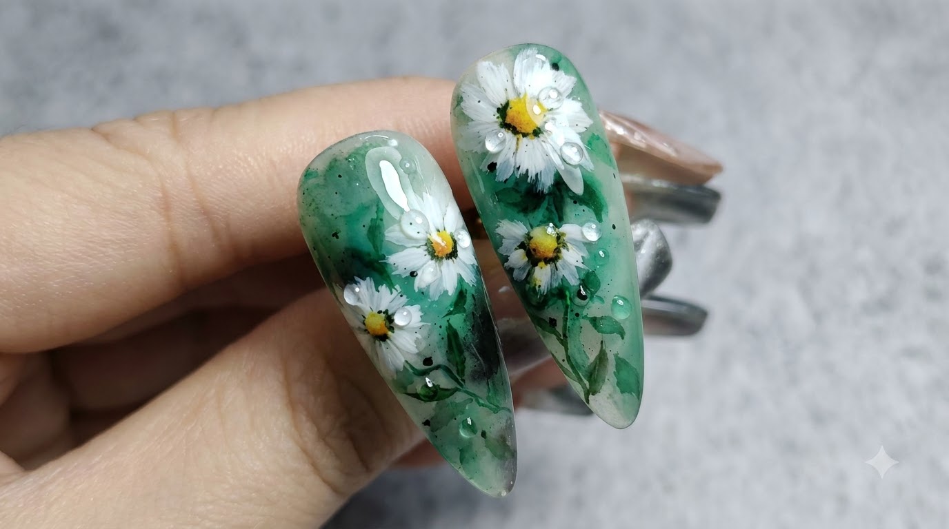 Uñas Decoradas con Margaritas Estilo Acuarela y Efecto Tinta — Tutorial Paso a Paso