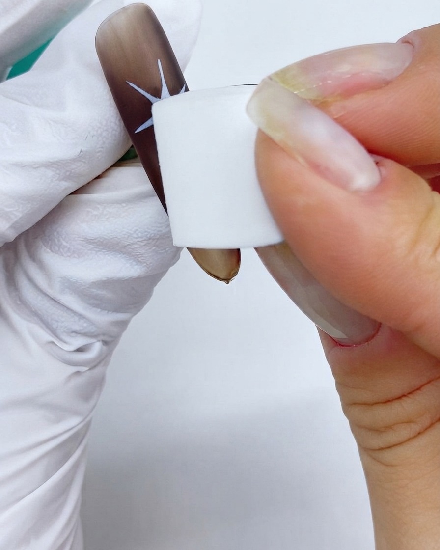 Una esponja de maquillaje estampando patrones de estrellas secundarias desvanecidas en una uña marrón mate.