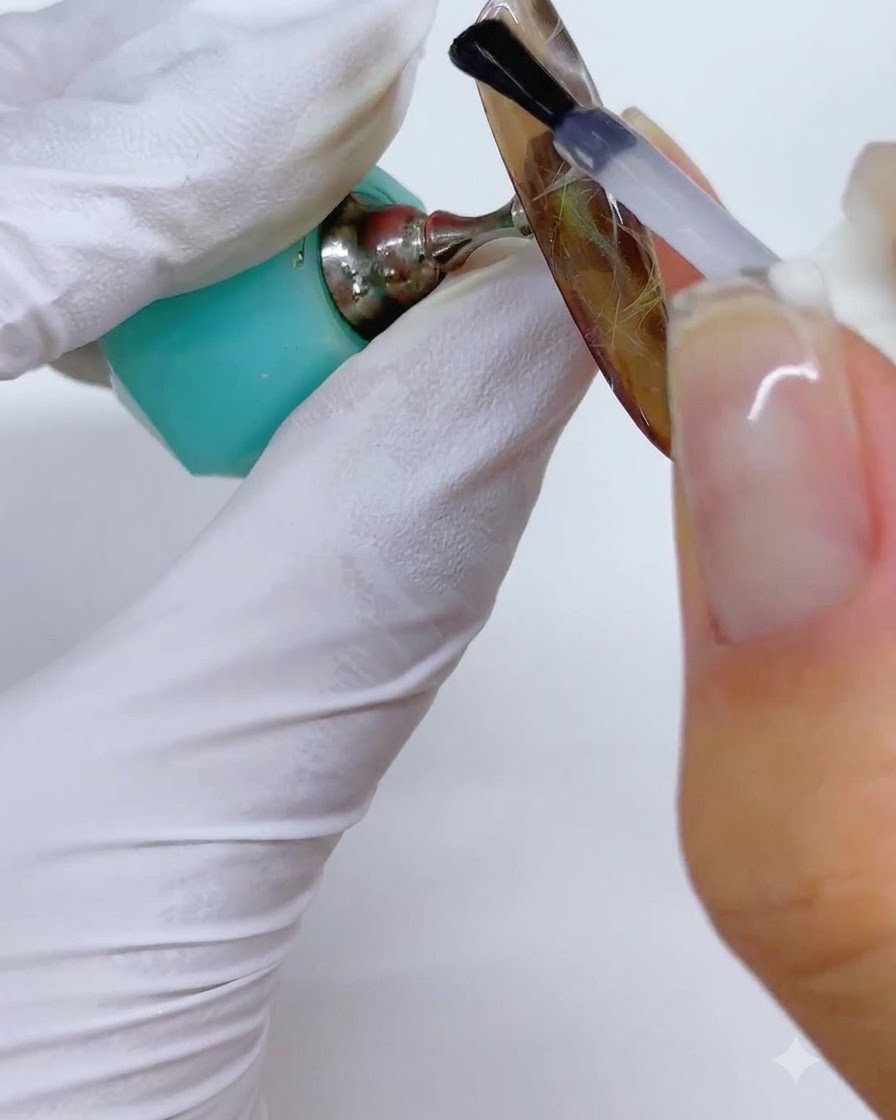 Un pincel aplicando un top coat brillante transparente sobre un diseño de uña con patrón ámbar-marrón.