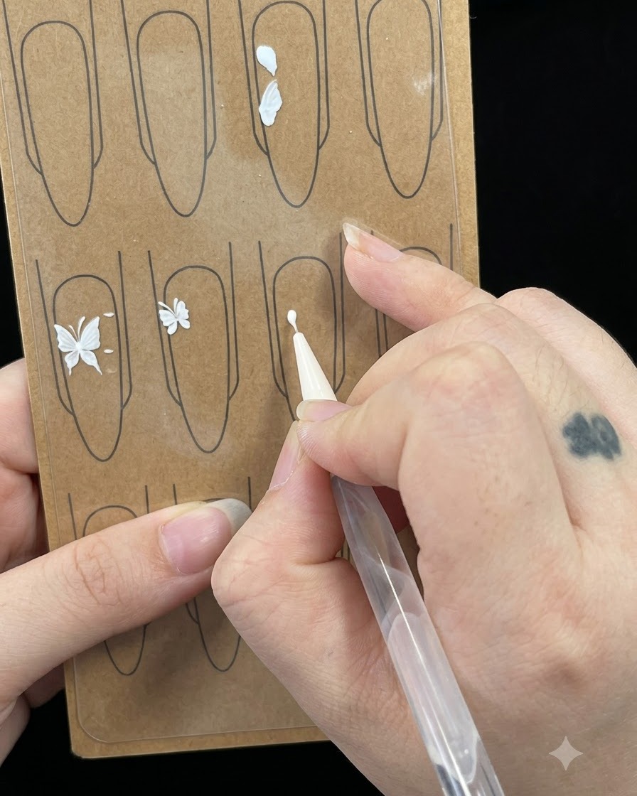 Vista de cerca de un pincel delineador aplicando una pequeña forma de figura seis blanca sobre un tablero de práctica de uñas.