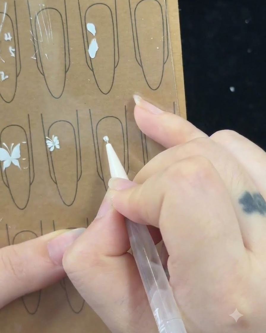 La mano de una estilista de uñas usando un pincel fino para dibujar una forma de paréntesis cruzados en una hoja de práctica.