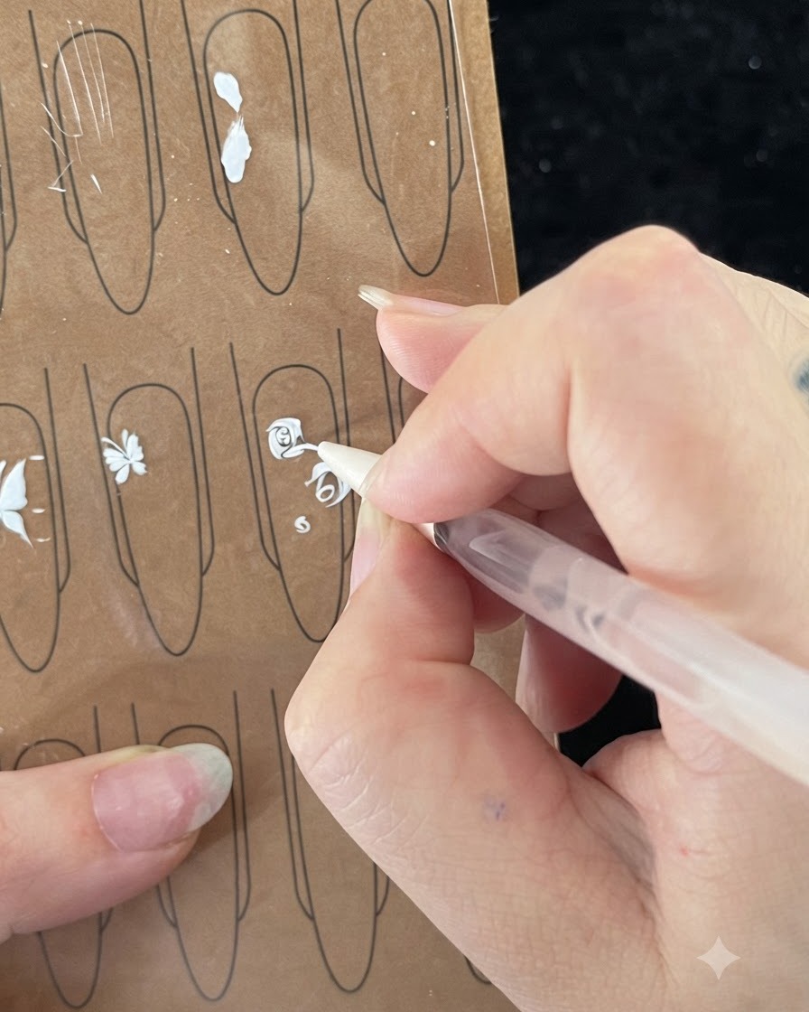 Un primer plano de un pincel de nail art dibujando un tercer trazo fino sobre un pétalo de rosa blanca pintado.