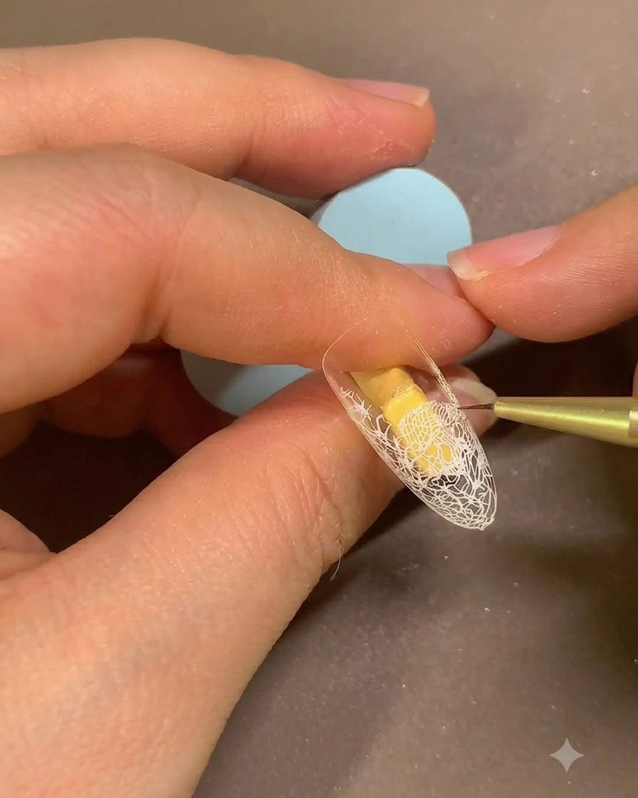 Un pincel fino alisando la capa de gel beige en una uña que presenta un patrón de encaje blanco.