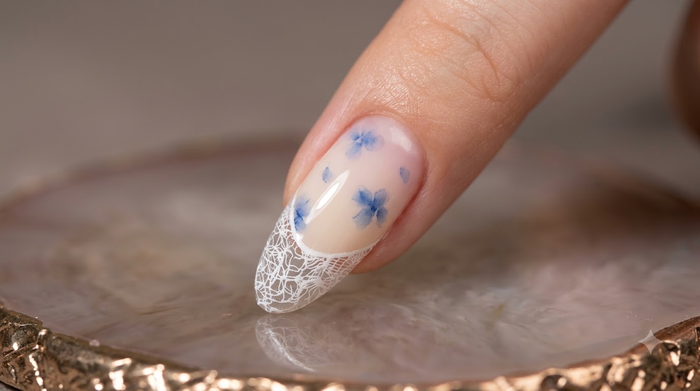 Nail Art Acuarela Floral Azul y Encaje — Tutorial para Principiantes