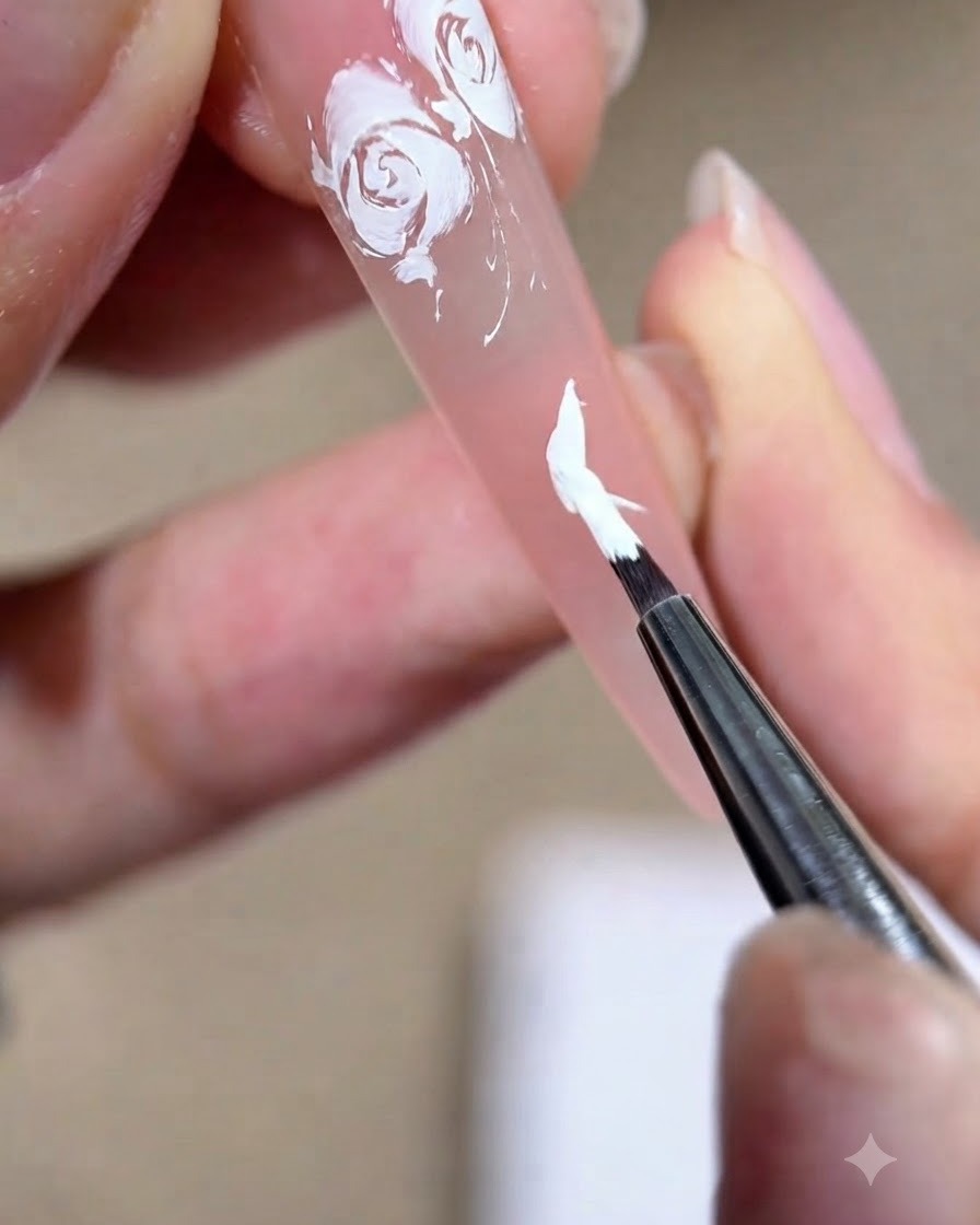 Primer plano de una técnica de uñas usando un pincel pequeño para dar forma a un pétalo de gel blanco en una uña nude.
