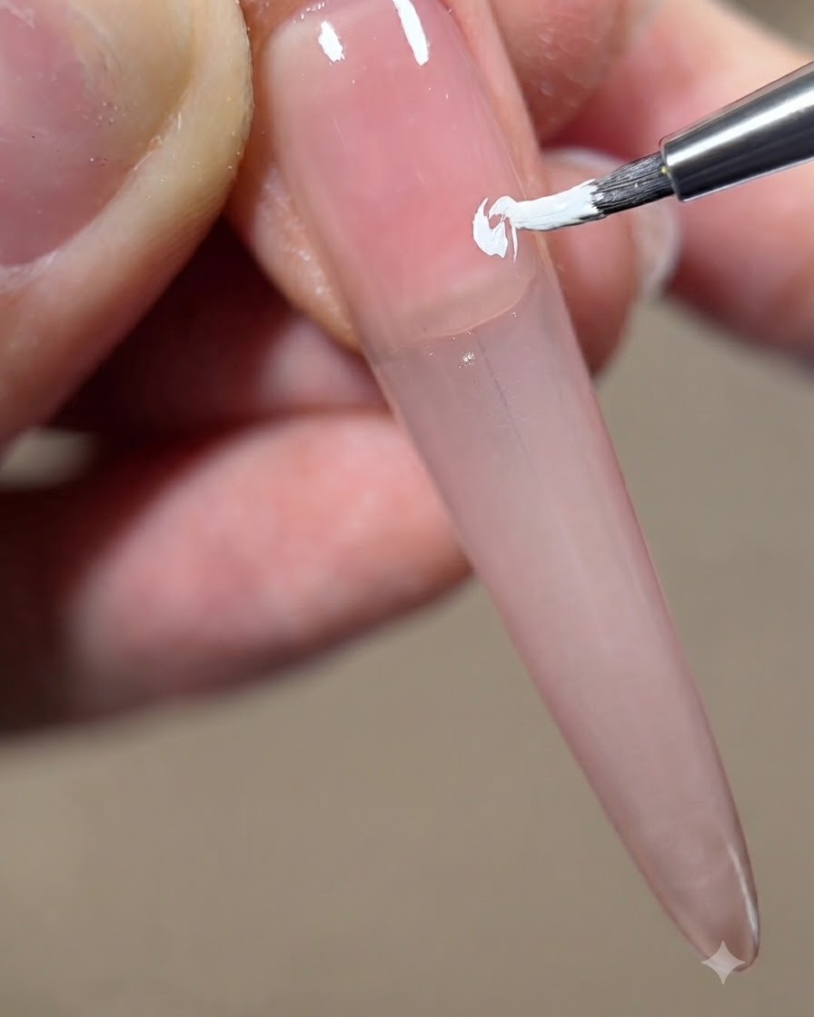 Vista de cerca aplicando una pequeña porción de gel blanco en el centro de la primera capa de pétalos pintada.