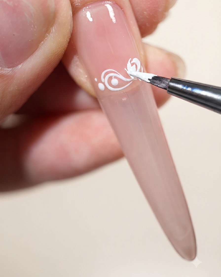 Un pincel liner refinando los detalles del segundo pétalo en la superficie de la uña.