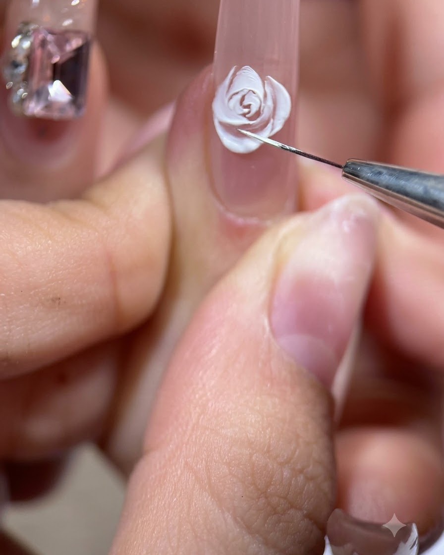 Un pincel liner detallando un pétalo blanco volteado hacia afuera para rellenar un espacio en el lateral del nail art de rosas.