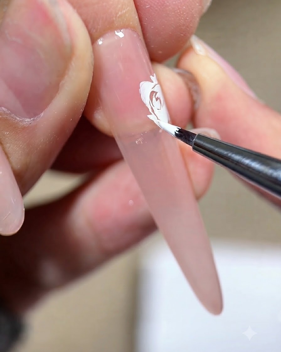Un pincel liner punteando suavemente pequeños acentos blancos en el centro de la rosa pintada.