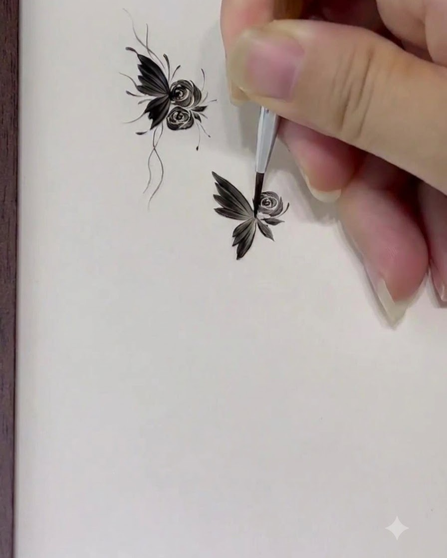 Un primer plano de un pincel pintando pétalos gruesos en forma de C alrededor del diseño de rosa en crecimiento.