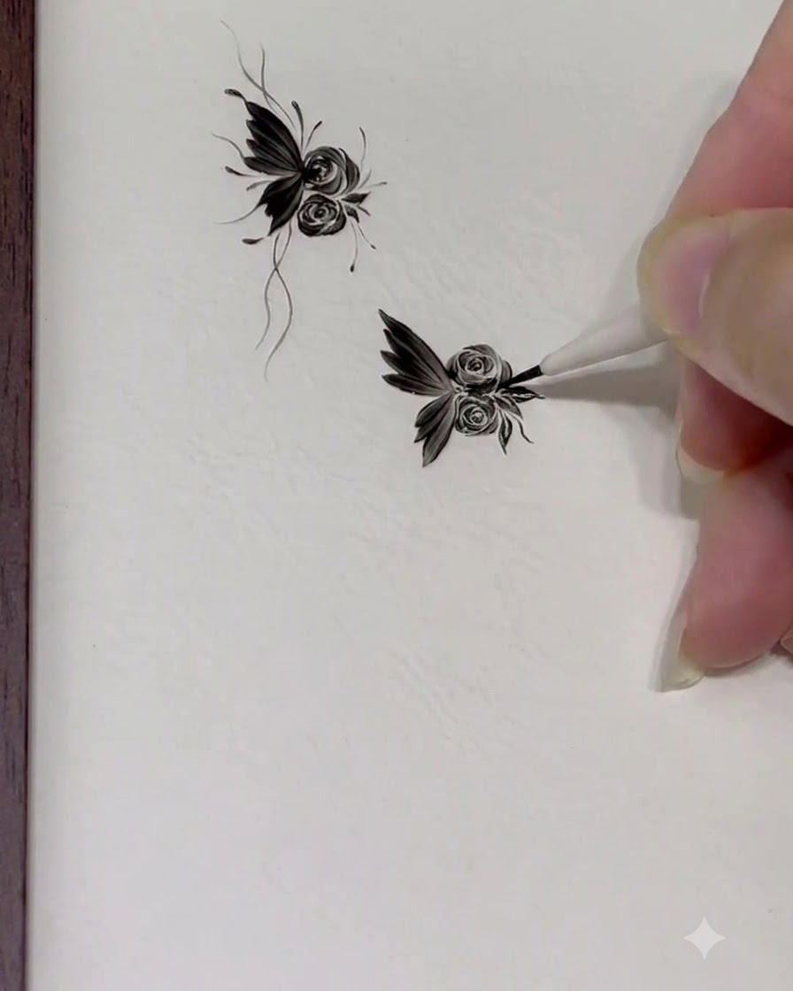 Un pincel fino añadiendo puntos de acento delicados y líneas fluidas alrededor del diseño completo de mariposa y rosa.