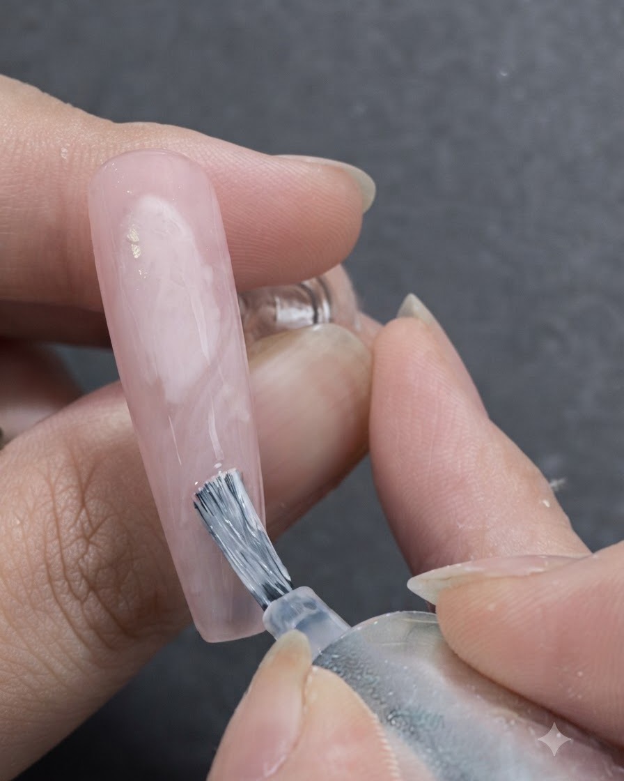 Un pincel de uñas aplicando gel de expansión blanco sobre la base rosa translúcida, creando formas de cinta suaves y fluidas.