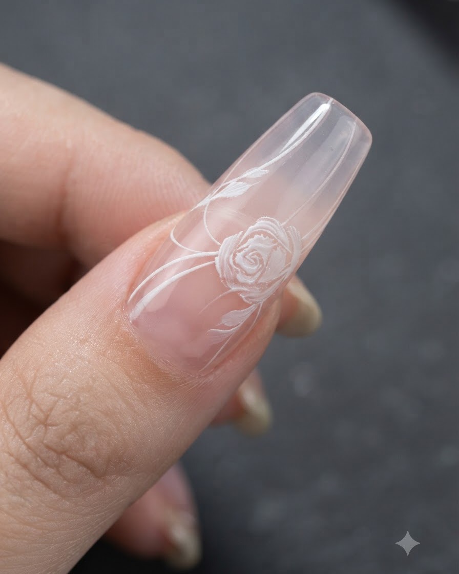 Una vista de cerca de una artista de uñas usando un pincel fino para conectar las líneas de cinta blanca con un diseño de rosa en una uña rosa translúcida.