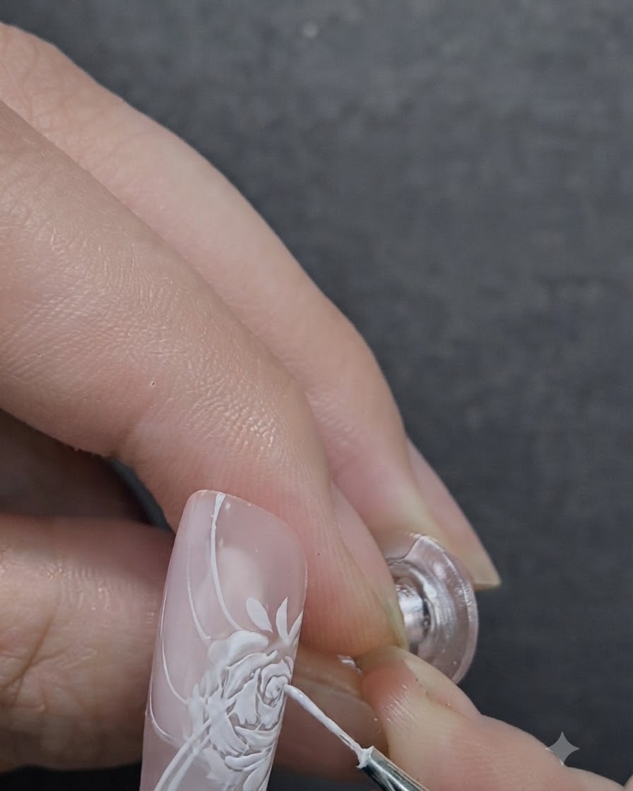 Una artista de uñas aplicando gel de escultura 3D en el centro de una rosa pintada utilizando un pincel de detalles.