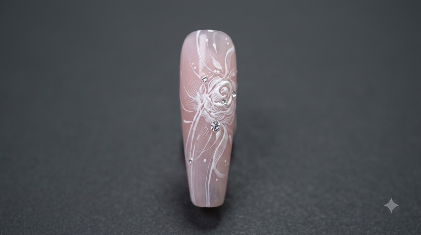 Una uña larga y cónica que presenta un intrincado diseño de rosa blanca pintada a mano con delicadas líneas de cinta y cristales sobre una base rosa translúcida.