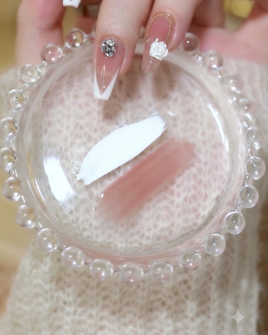 Un pincel de uñas aplicando una capa delgada de gel translúcido rosado sobre una uña preparada.