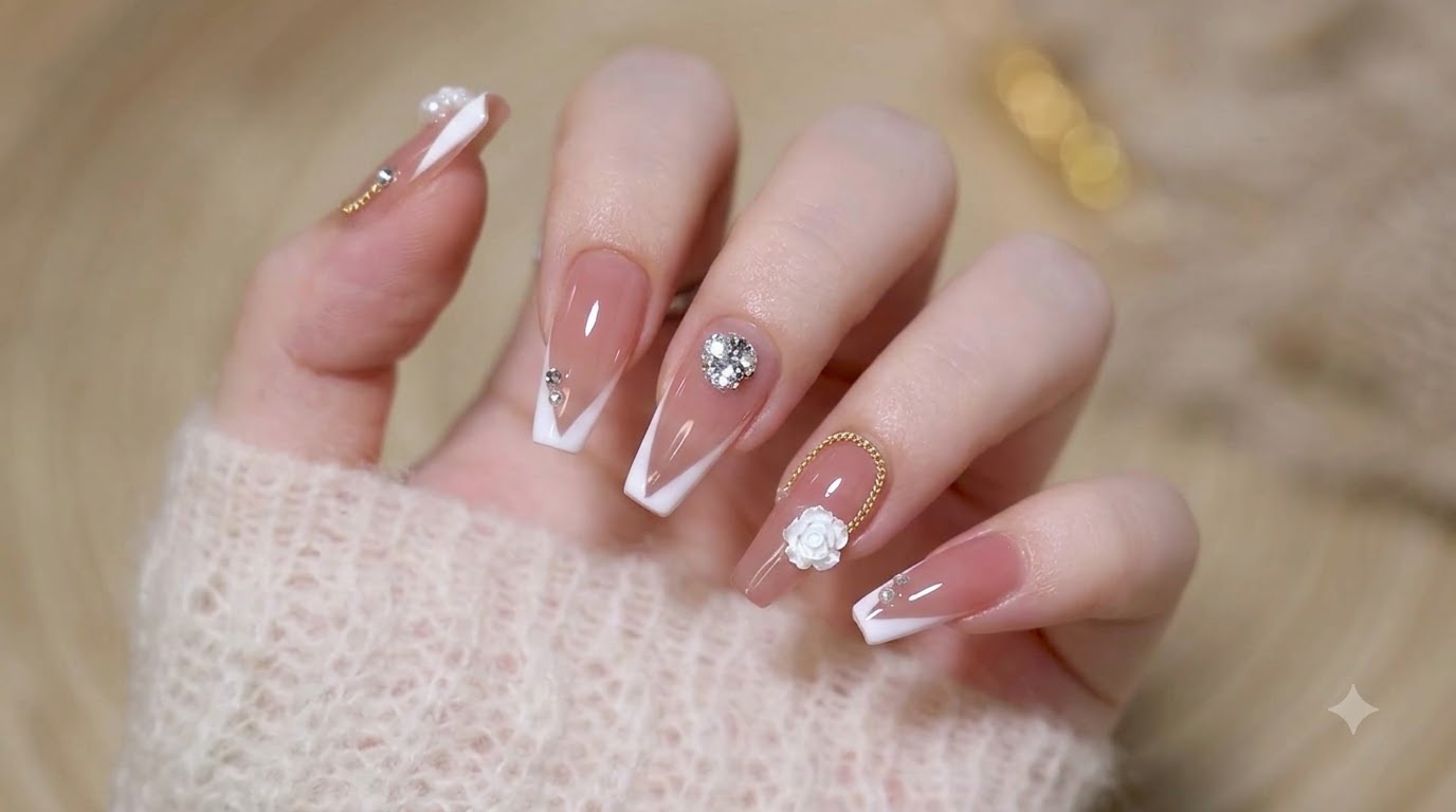 Uñas de Hada con Rosa Blanca y Estilo Frances — Tutorial Elegante de Gel para Novias