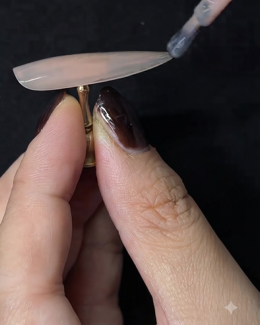 Un pincel aplicando una segunda capa de esmalte de gel nude sobre una extensión de uña en forma de almendra sostenida por un dedo.