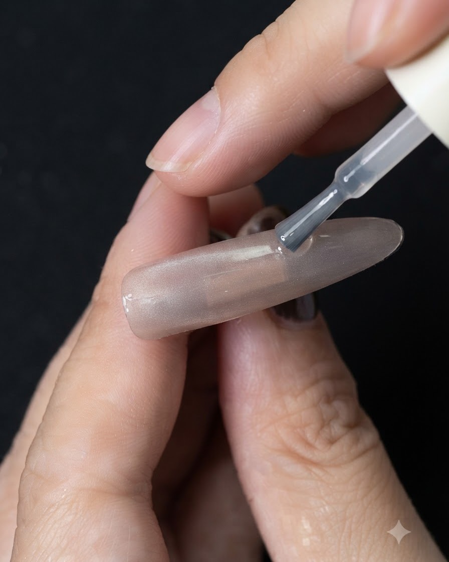 Un pincel aplicando una capa de esmalte de gel cat eye transparente sobre una uña base de color neutro.