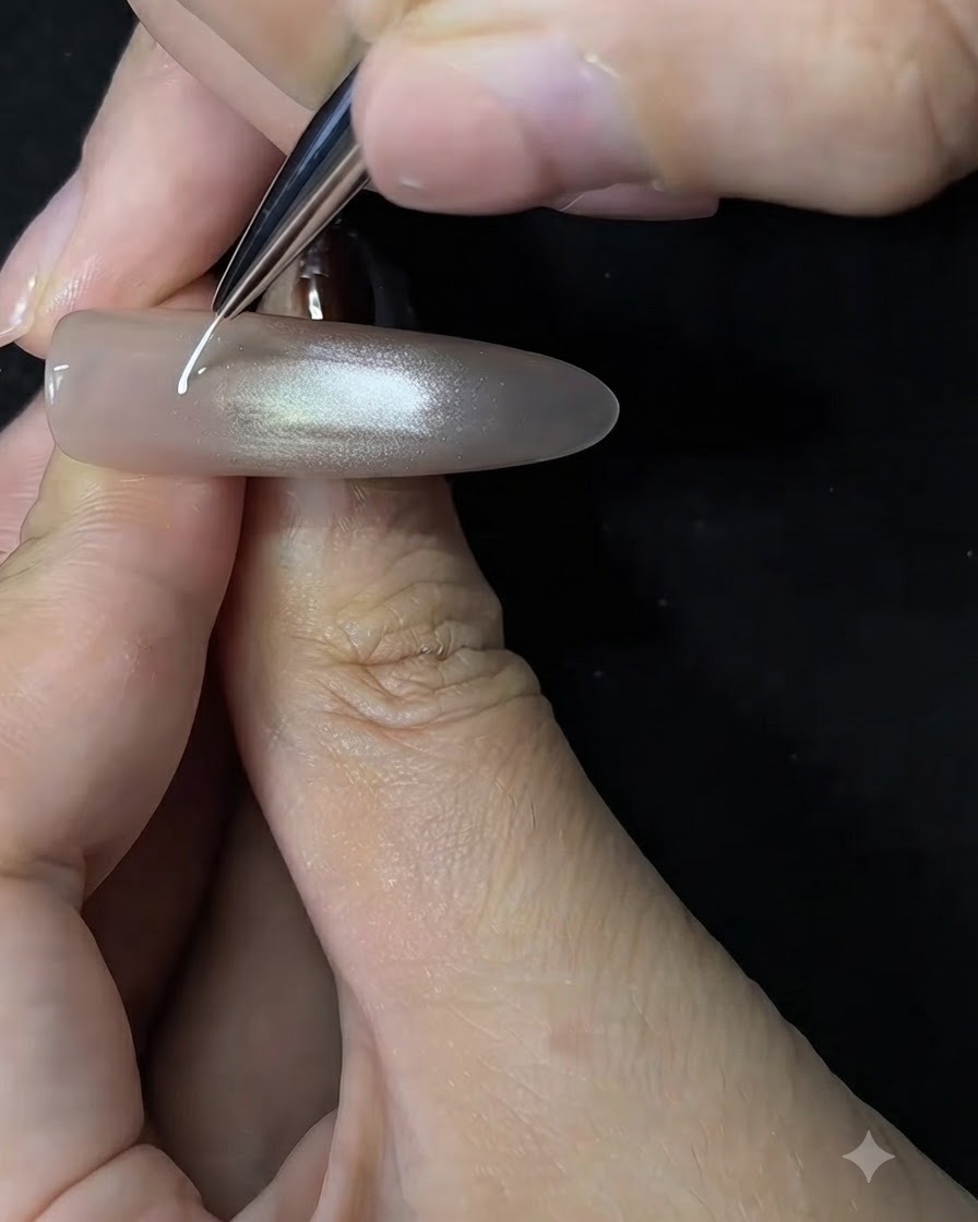 Un pincel delineador de detalle fino dibujando un pequeño espiral blanco sobre un fondo de uña nude cat eye.