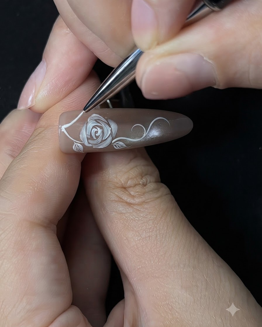 Una vista de cerca de una extensión de uña que muestra enredaderas curvas blancas y pequeños detalles de hojas pintados alrededor de una rosa blanca.