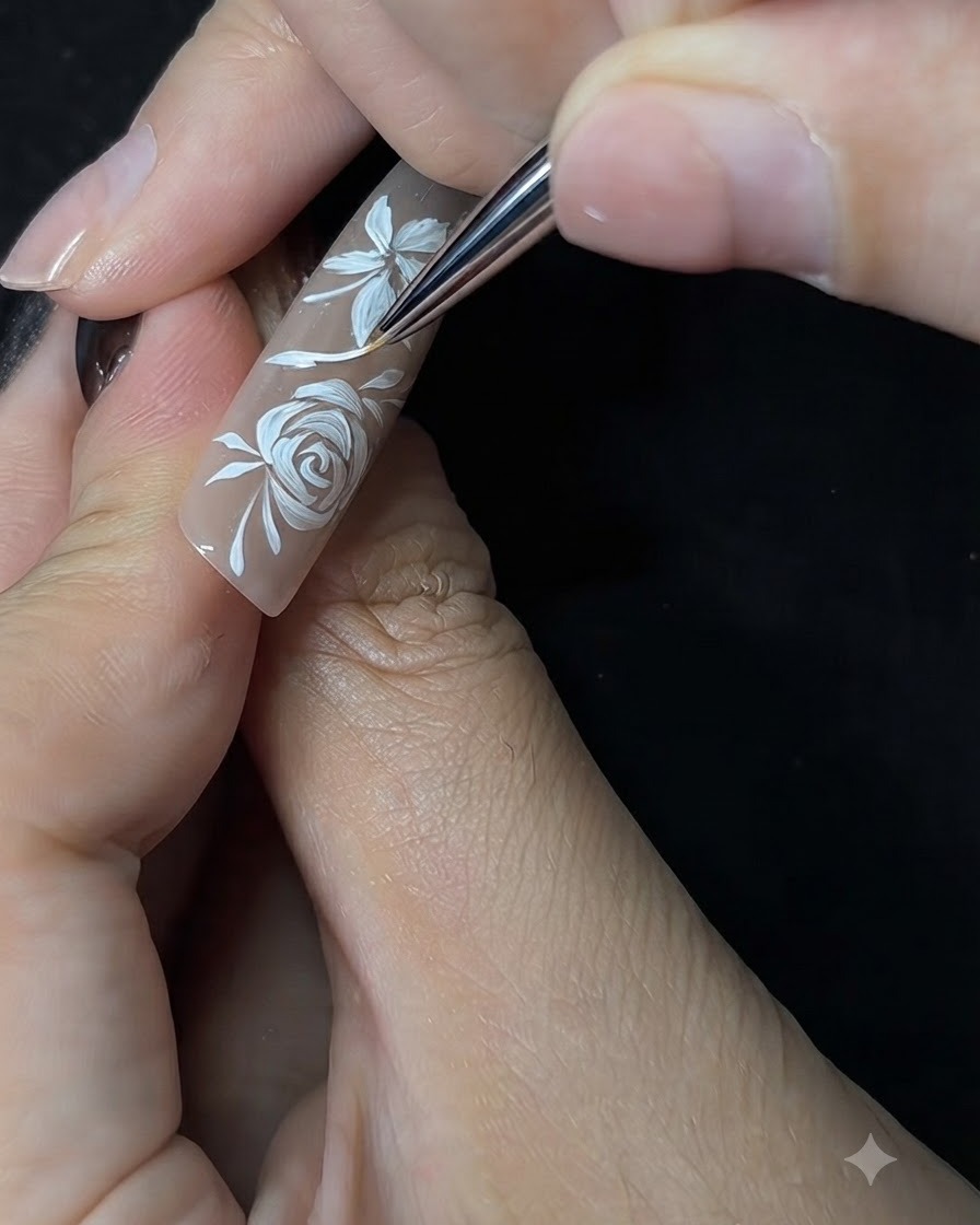 Un pincel delgado de nail art pintando delicados detalles de hojas blancas junto a un diseño floral pintado a mano en una uña nude.