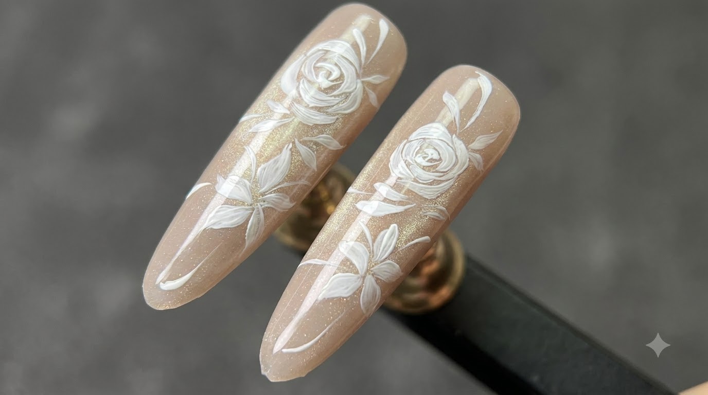 Nail Art de Rosas Blancas a Mano con Base Cat Eye — Tutorial Paso a Paso