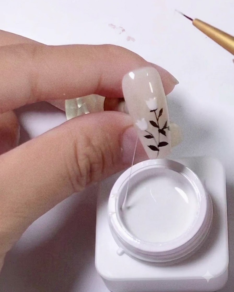 Un pincel delineador fino sumergiéndose en un recipiente de spider gel blanco, levantando un hilo continuo y delgado de gel.