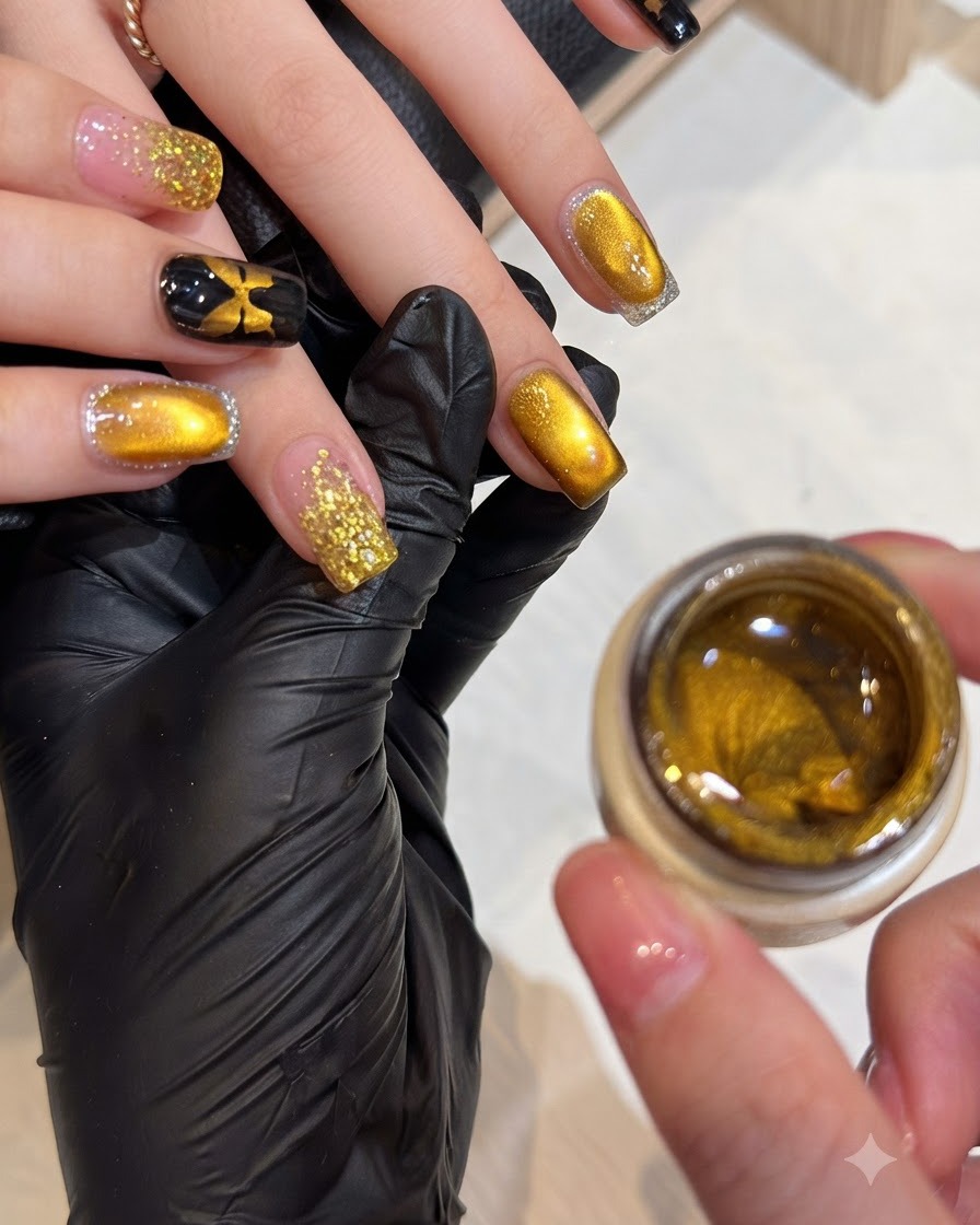 Una mano que muestra uñas pintadas con un esmalte en gel magnético ojo de gato dorado brillante junto a un tarro abierto del producto.
