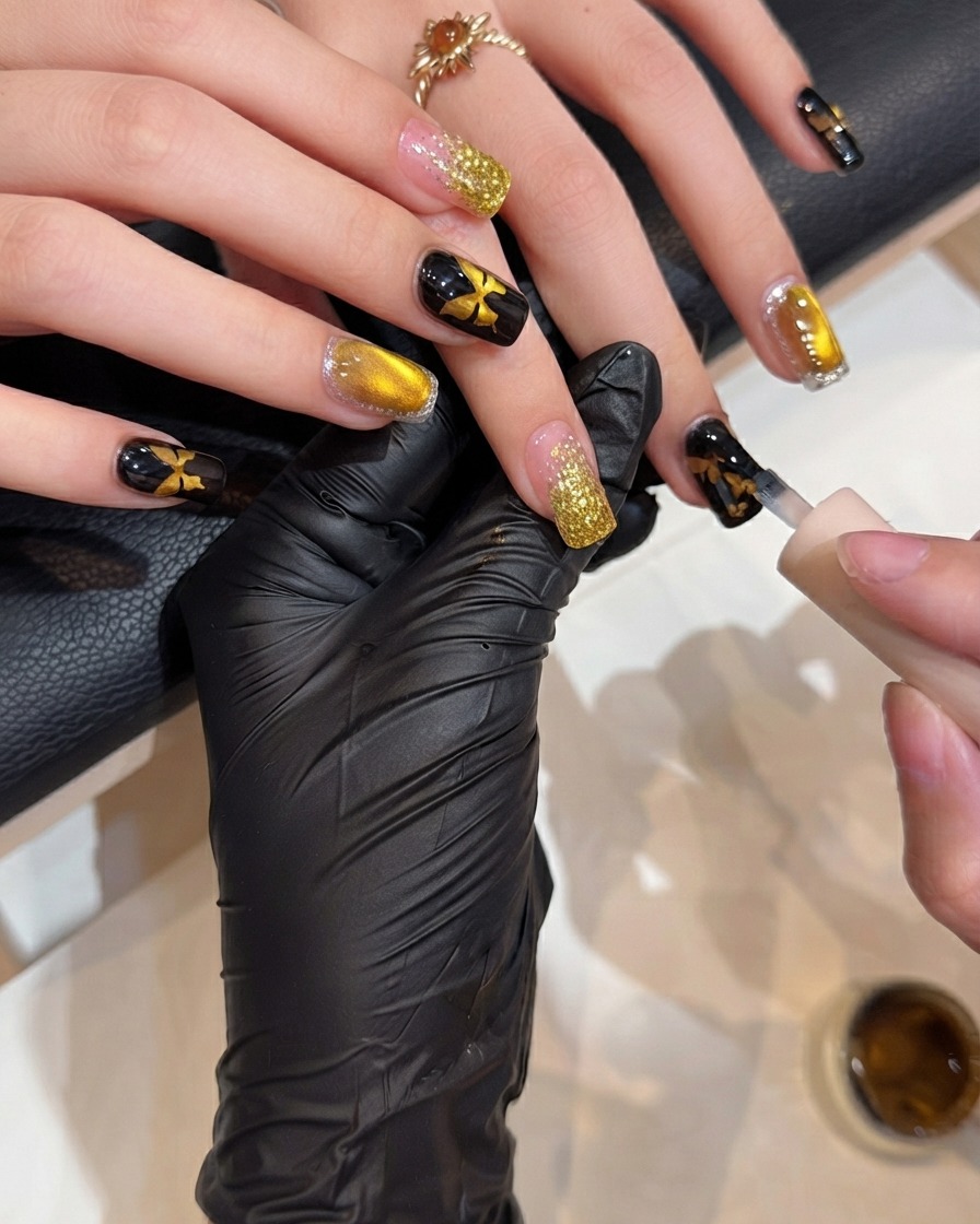 Un pincel de uñas aplicando una capa suave de capa superior transparente sobre una uña decorada para sellar el diseño y añadir brillo.