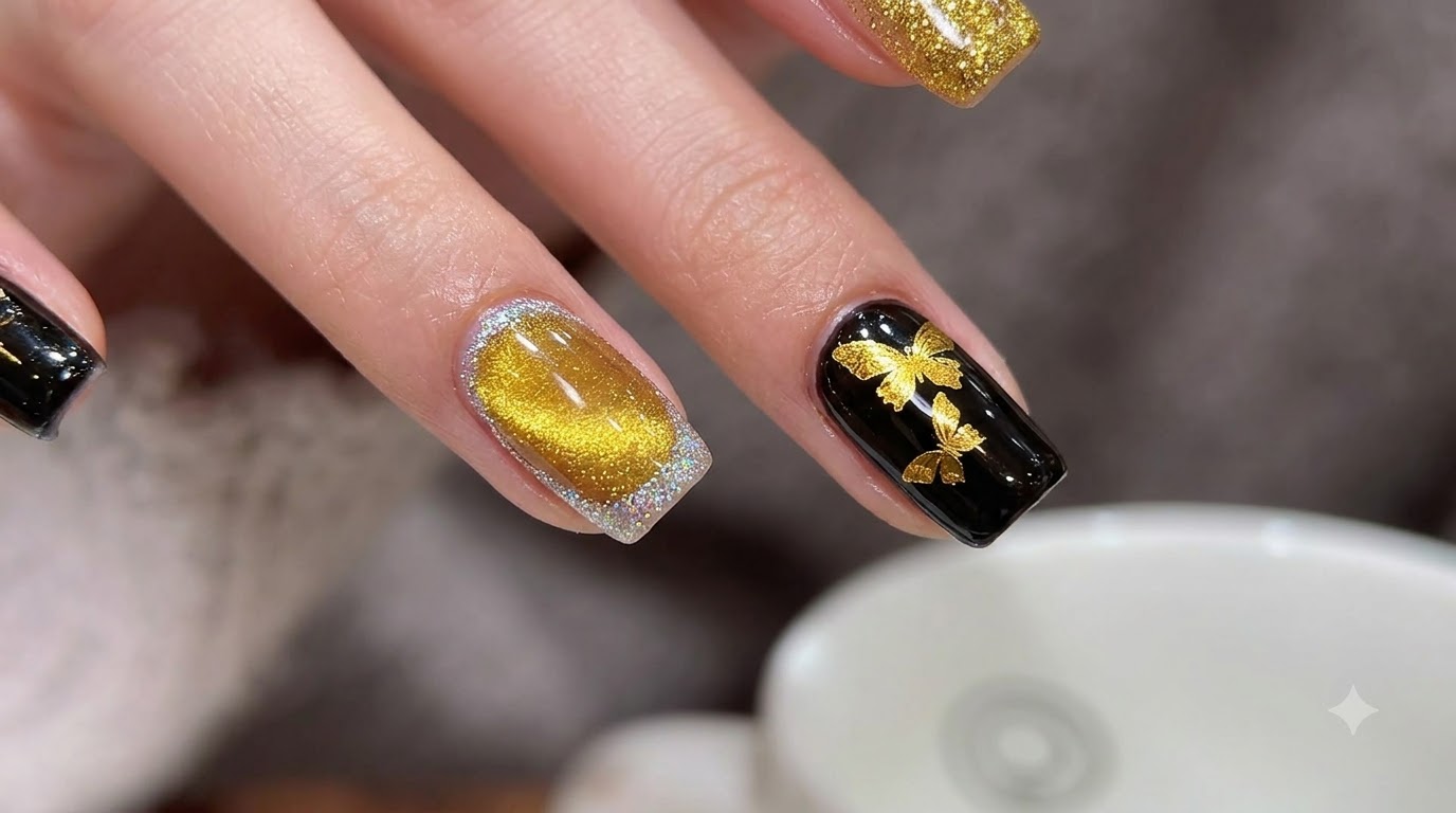 Uñas de Ojo de Gato Negras y Doradas con Mariposas — Tutorial Paso a Paso