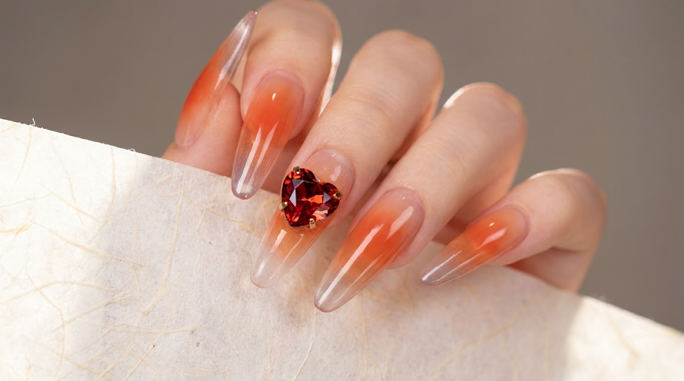 Uñas Jelly Gradient de Naranja con Dijes de Corazón — Tutorial Paso a Paso