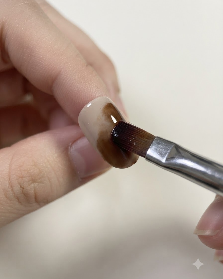 Un pincel humedecido mezclando y suavizando los bordes del gel caramelo en una uña.