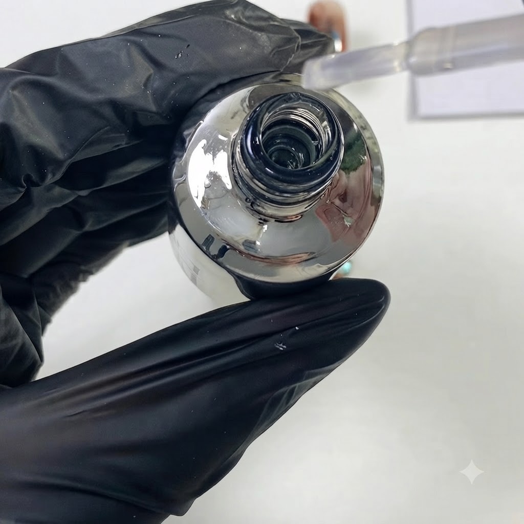 Una toma cercana de la apertura de un frasco con el aplicador de pincel levantando top coat templado transparente.