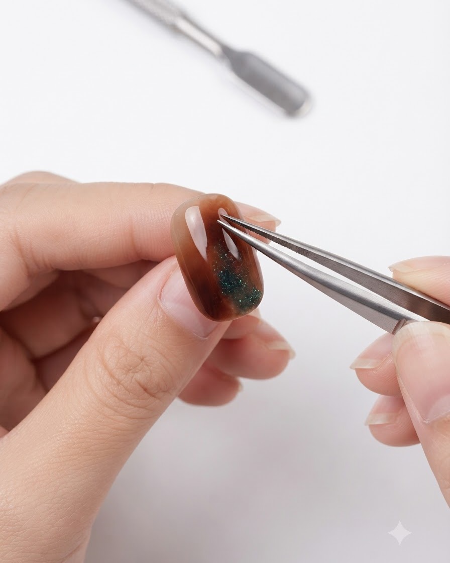 Pinzas de metal rascando la superficie de alto brillo de una uña terminada con ámbar y ojo de gato.