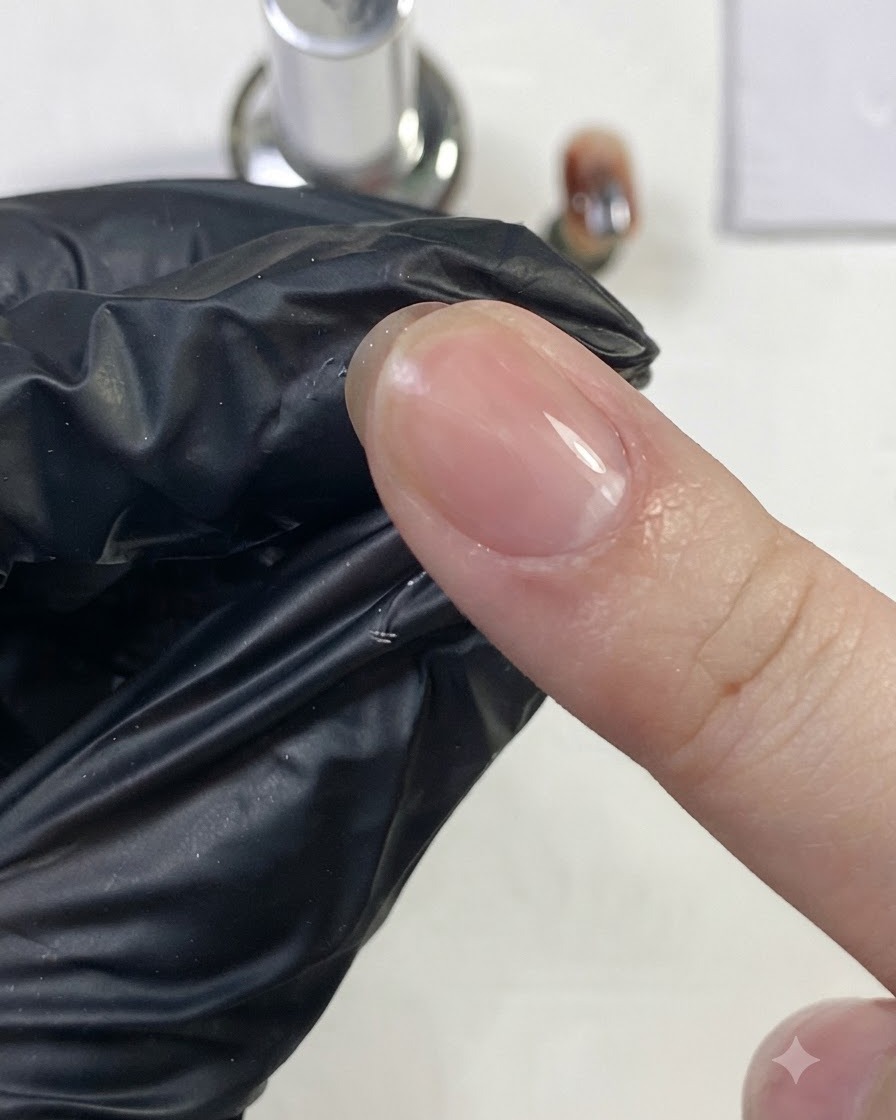 Un dedo con guante frotando enérgicamente contra la superficie brillante y transparente de una uña curada.