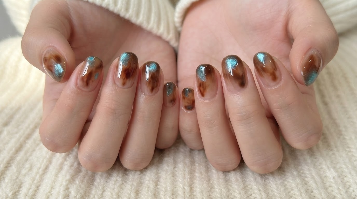 Uñas de Gel Ámbar Difuminado con Acento de Ojo de Gato Azul — Tutorial Paso a Paso