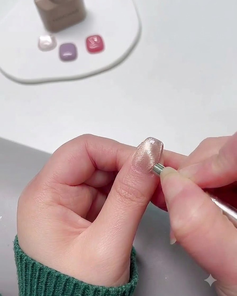 Una varita magnética sosteniéndose cerca de una uña de gel cat eye para crear un efecto de luz lateral.