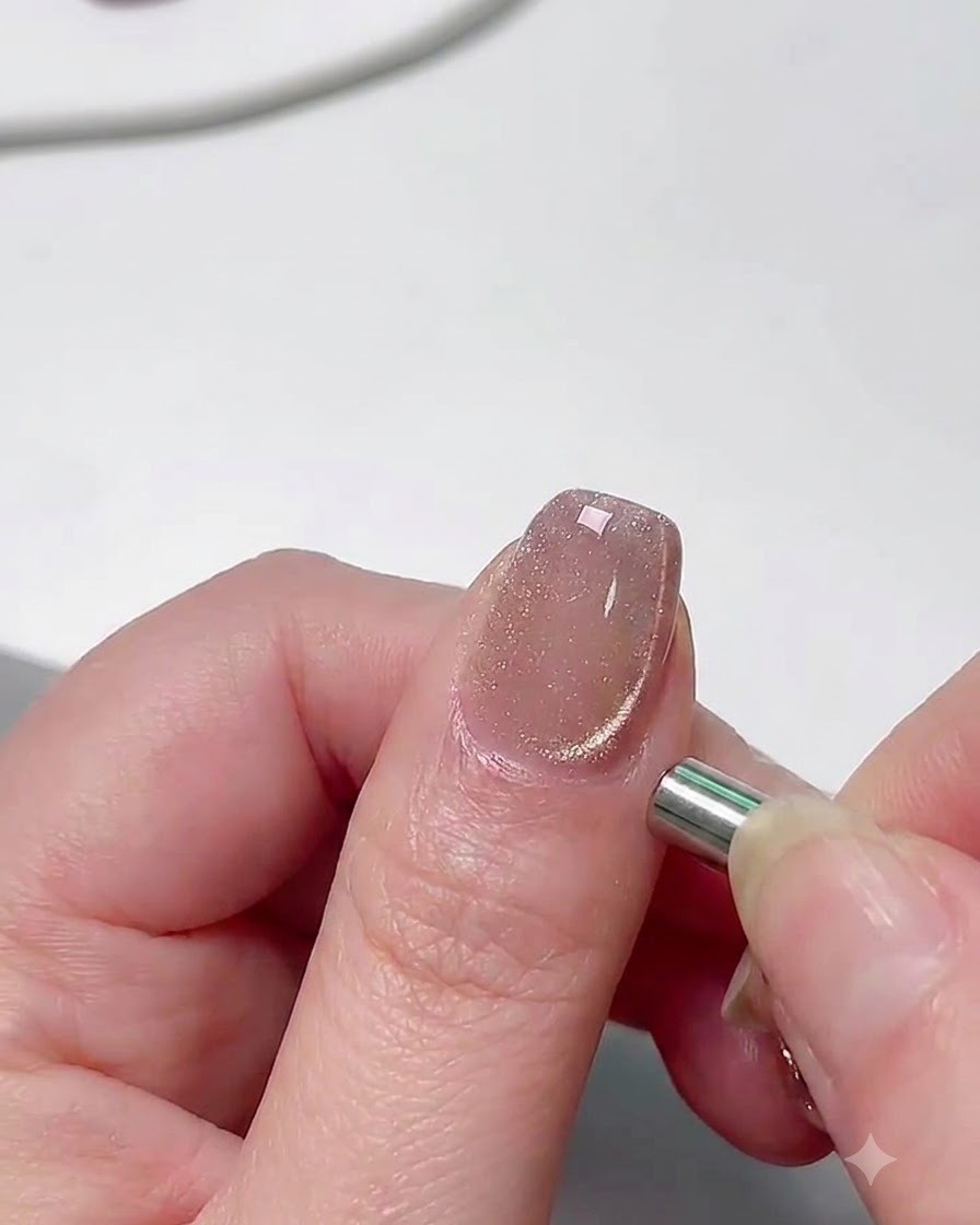 Un imán cilíndrico sostenido muy cerca del lateral de una uña con manicura para ajustar el reflejo cat eye.