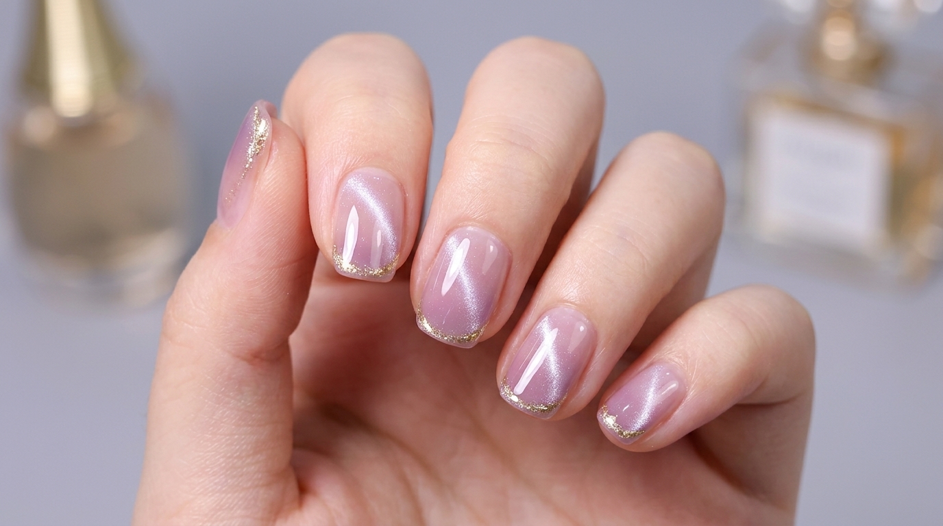 Primer plano de una manicura terminada de uñas cat eye con degradado lavanda en un dedo pulgar, mostrando el degradado morado suave y el efecto de luz lateral magnética sobre la piel.