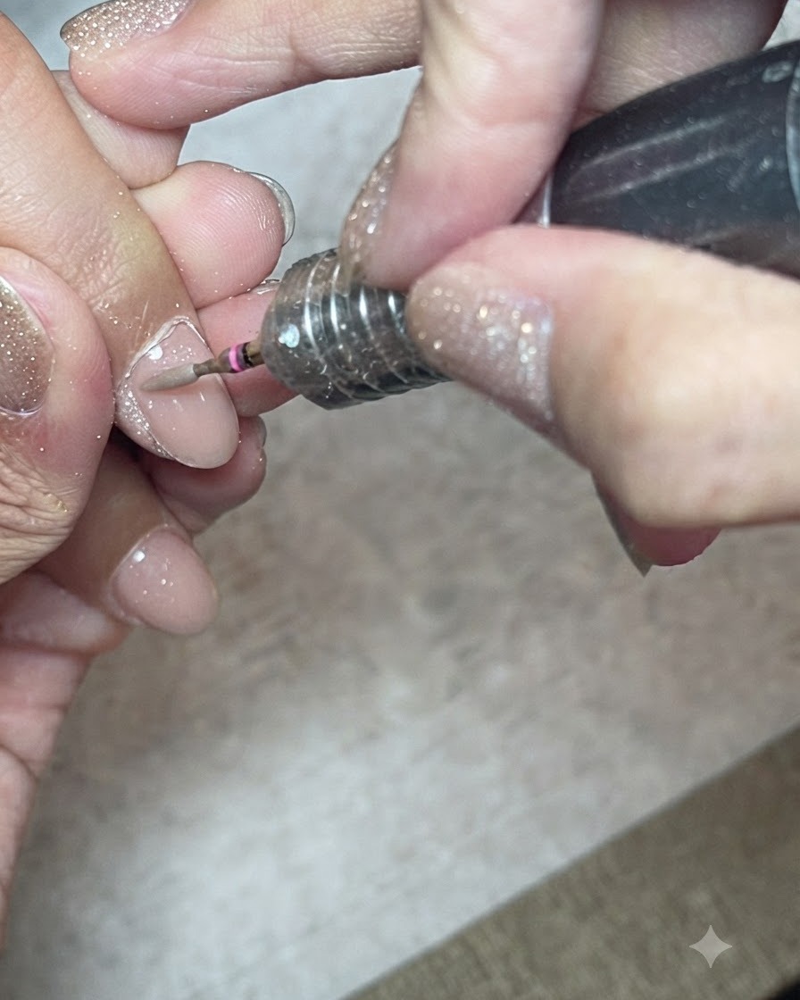 Primer plano de un torno eléctrico con una broca de diamante en forma de lanzadera levantando el bolsillo de la cutícula en una uña natural.