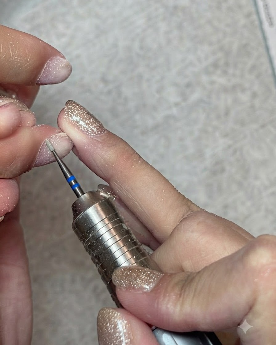 Un cepillo grande y esponjoso eliminando el polvo de las uñas en unos dedos recién preparados.