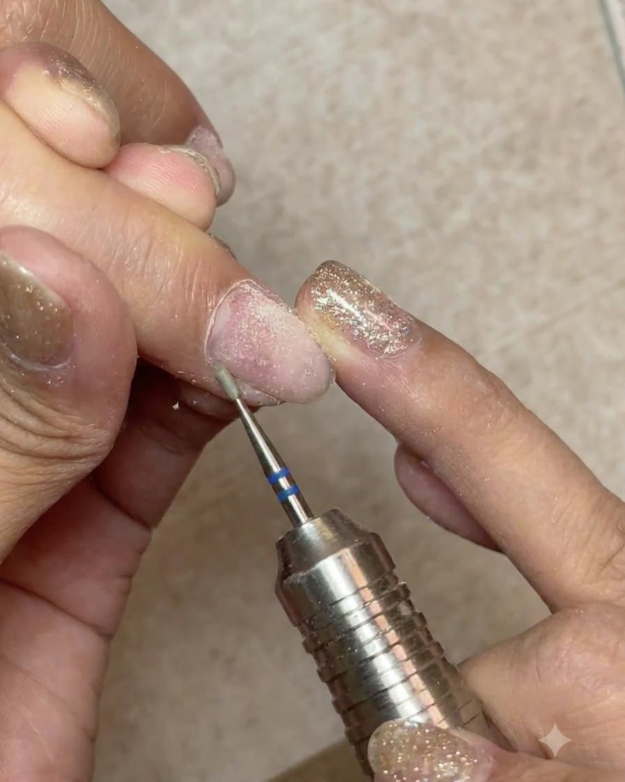 Un torno de uñas con una broca cónica levantando y separando la piel muerta alrededor de la cutícula.