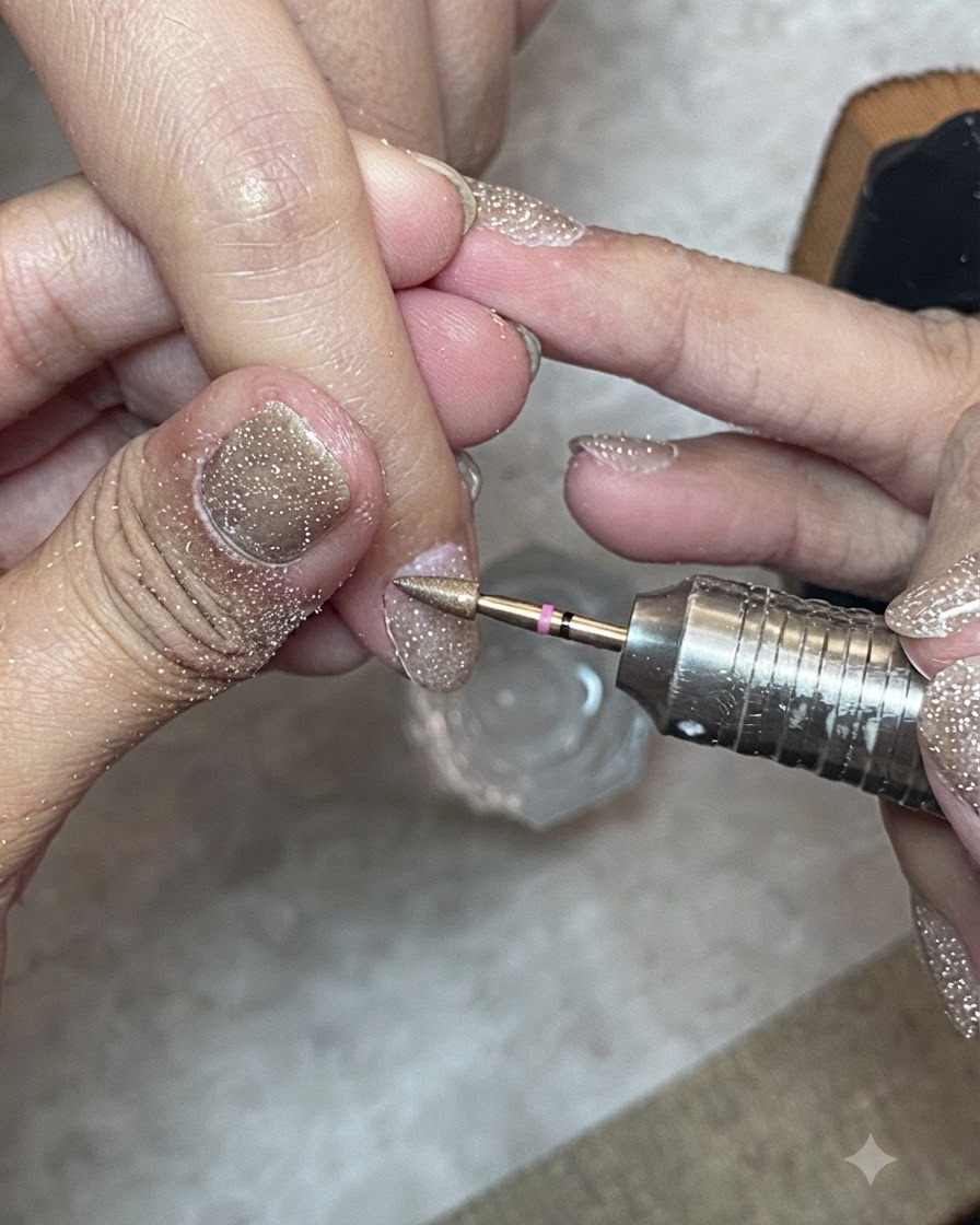 Un cepillo de uñas rígido frotando para limpiar la superficie y la piel circundante de una uña natural preparada.