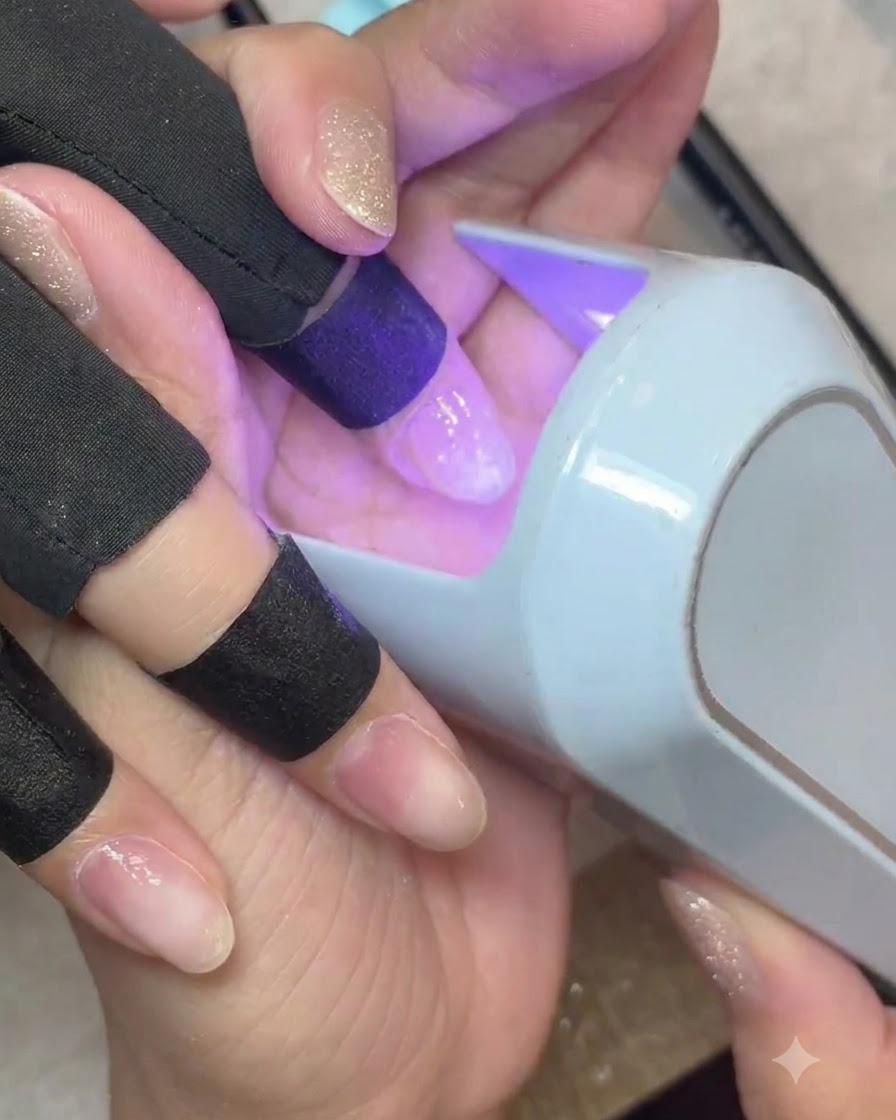 Un dedo colocado bajo una mini lámpara UV/LED de mano, curando la capa de gel base transparente.