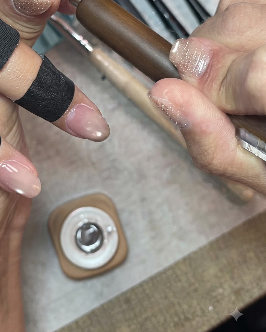 Una mano sosteniendo una mini lámpara UV/LED colocada directamente sobre las uñas para curar una capa de gel brillante.