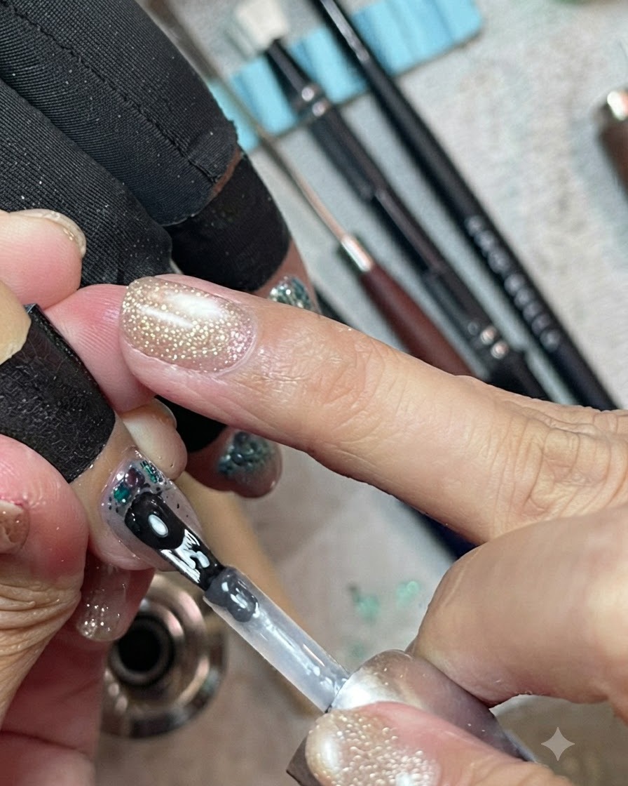 Un pincel de uñas aplicando gel constructor de encapsulación transparente sobre una punta de uña decorada con lentejuelas azul menta.