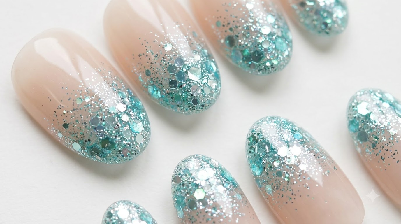 Uñas de Gel Ombré Azul Menta con Lentejuelas y Purpurina — Tutorial Paso a Paso